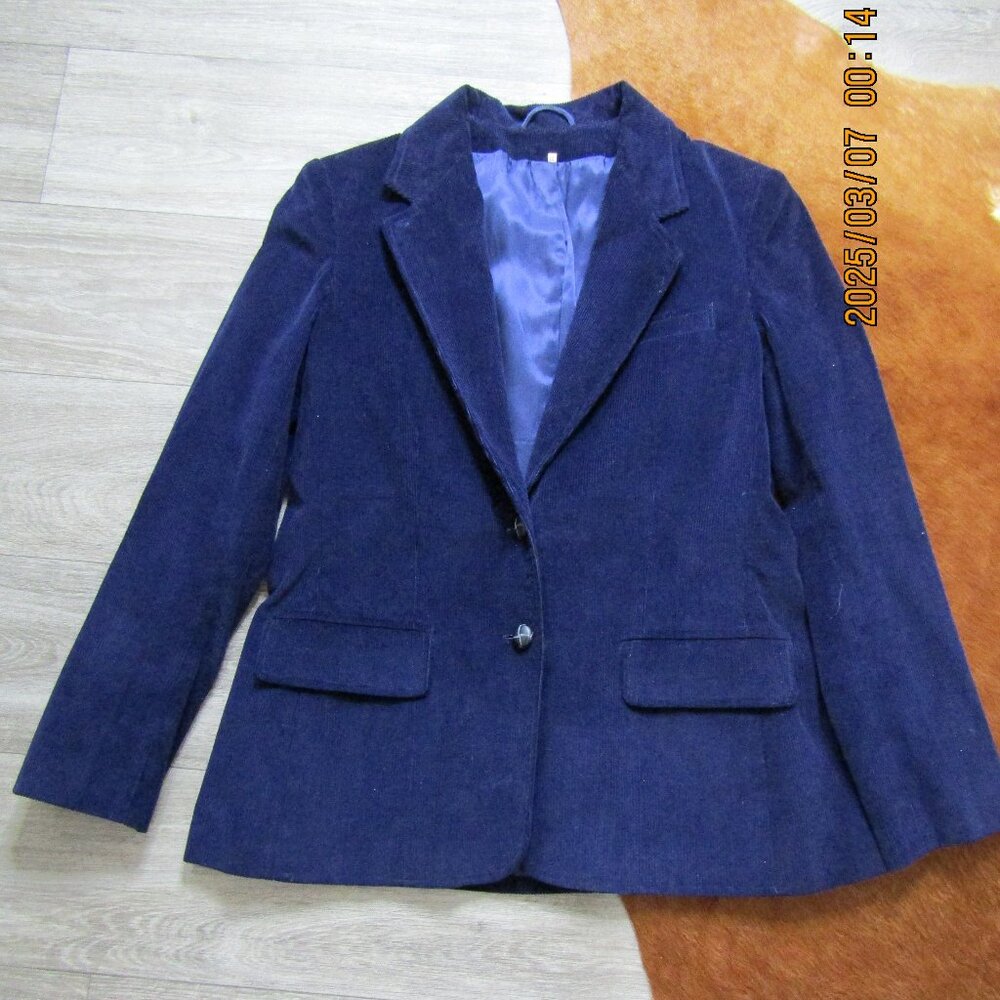 VTG Cotton CORDUROY Coat 2-Button Lined Blazer Jacket Navy blue Ribbed 12 Women